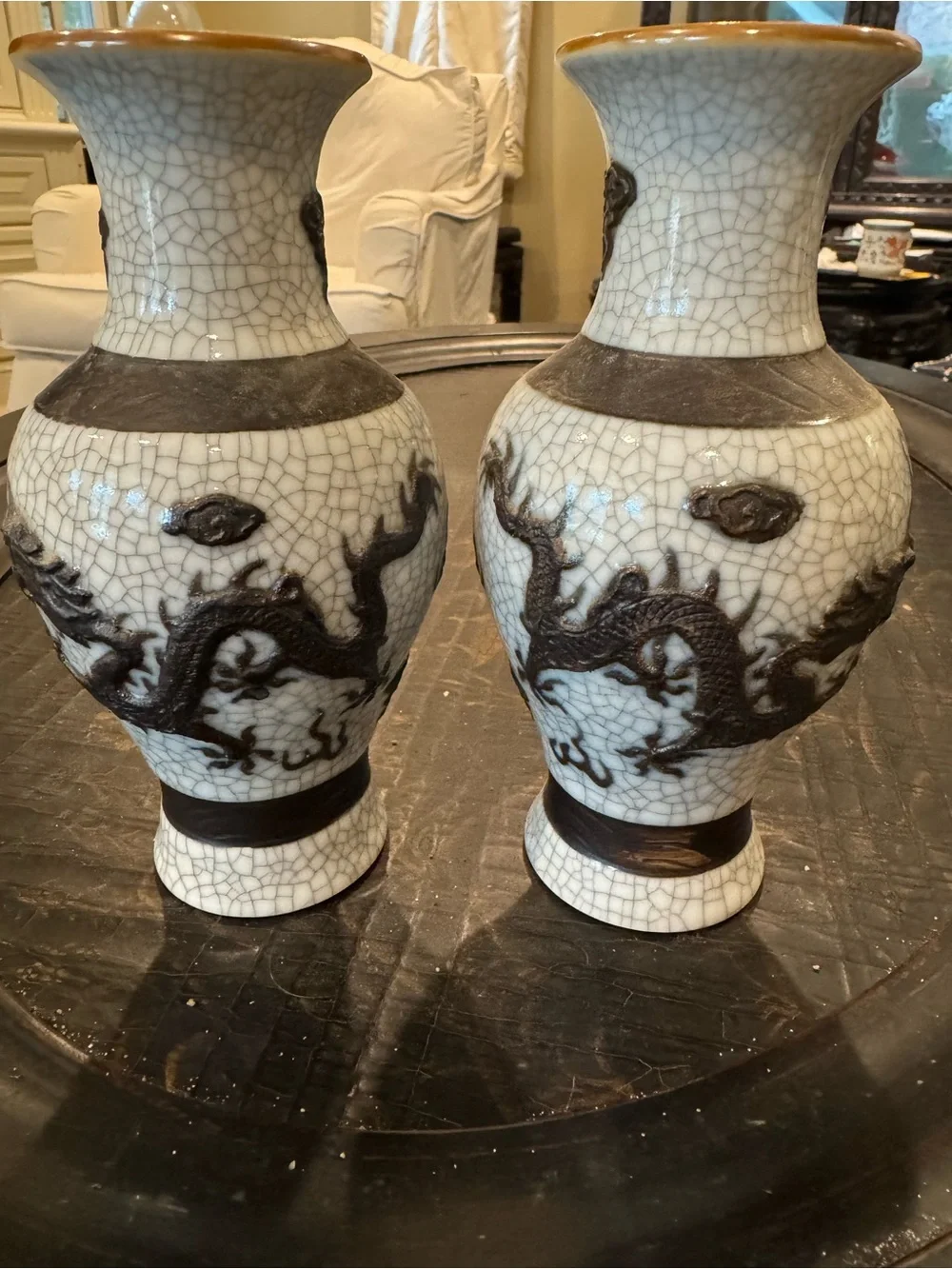Rare Pair of Vintage Gray Crackle-Glaze Chinese Dragon Vases